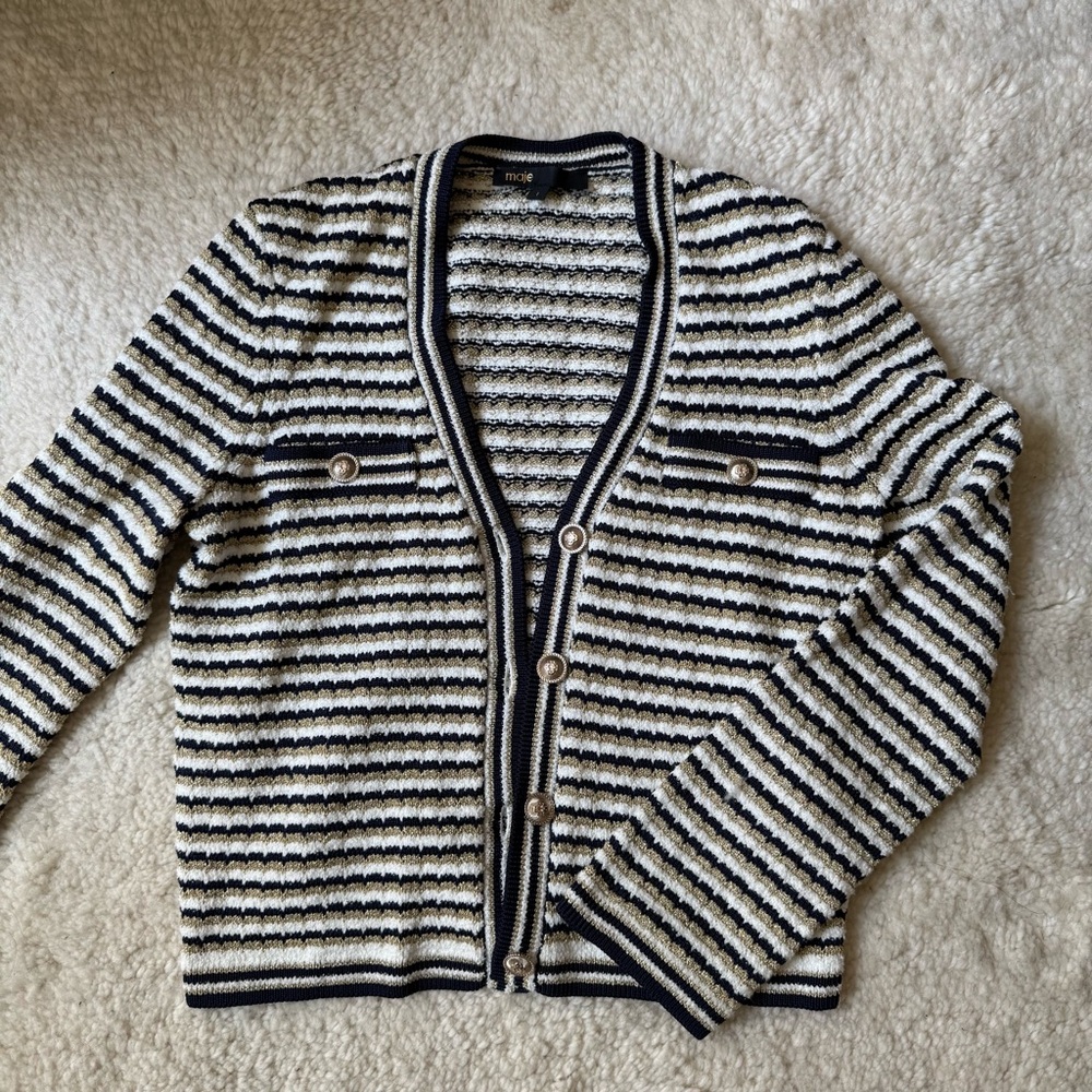 Maje Navy & White Striped Ribbed Cardigan with Gold Detail